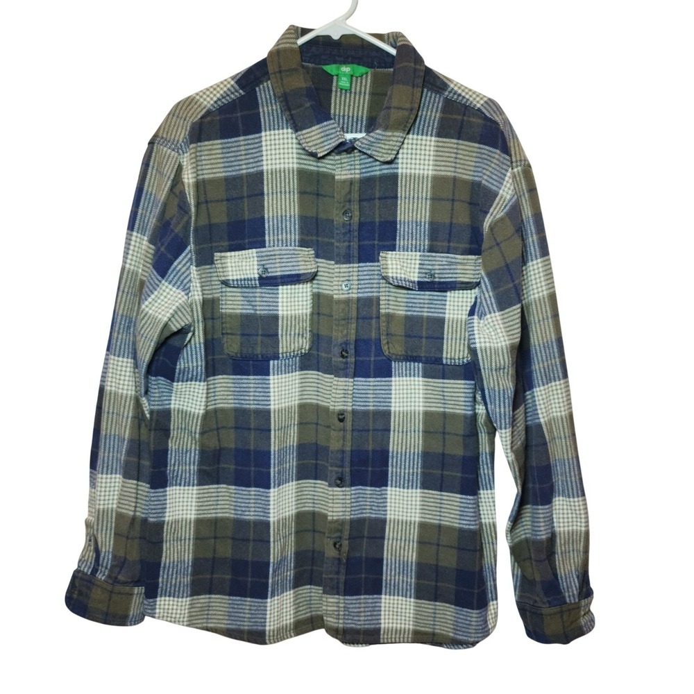 Dip Men's XXL Flannel Shirt Long Sleeve Plaid Button Down Olive Navy Blue